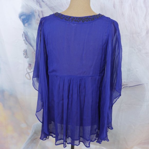 Free People Purple Beaded Detail Wide Sheer Sleeve 70's Inspired Boho S XS Top - Picture 10 of 12